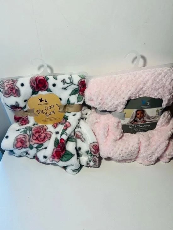 Adirondack Baby by Berkshire My Cozy Baby Roses & Shimmery Pink Blanket Lot of 2 - Picture 1 of 11